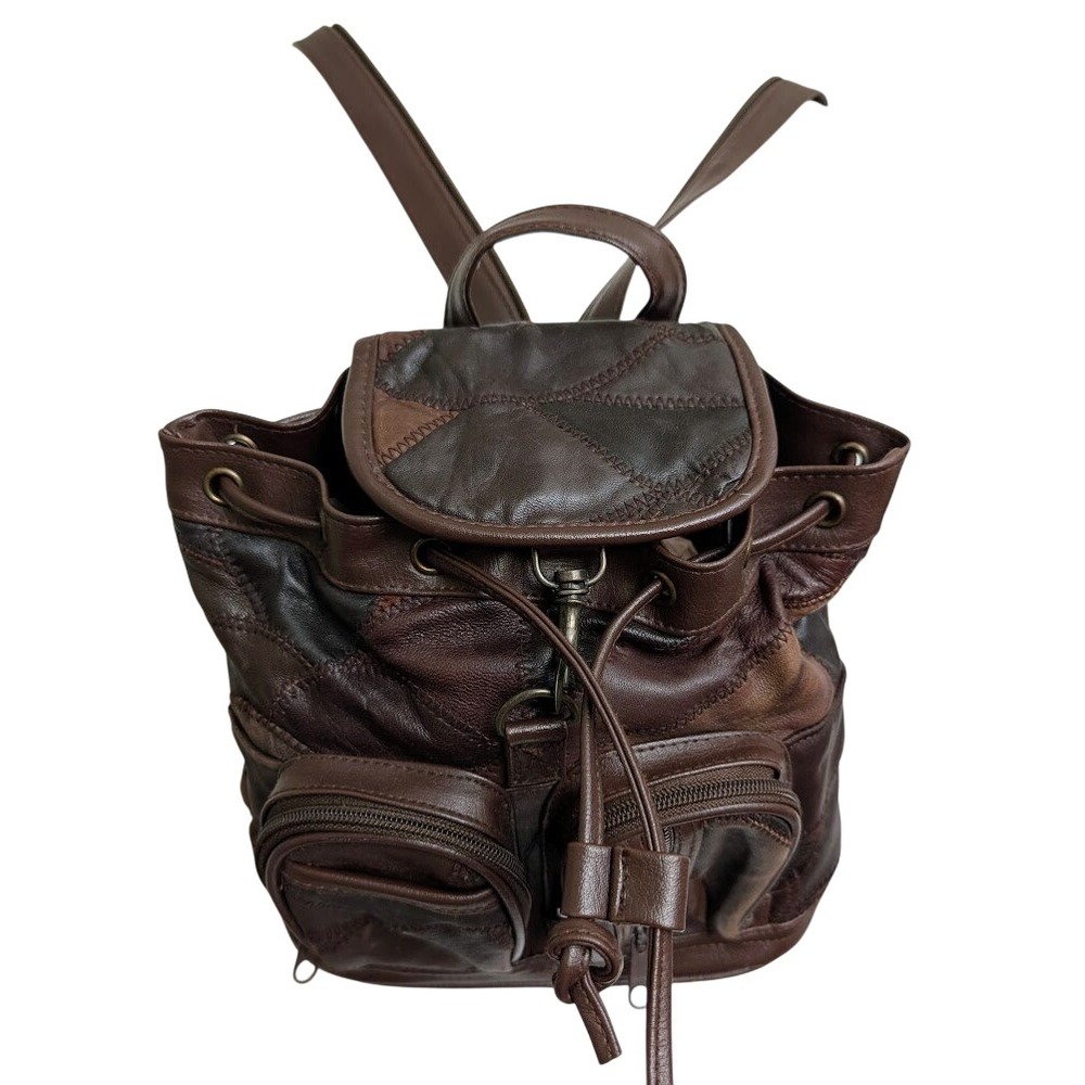 Small Brown Leather Patchwork Backpack Purse Boho… - image 1